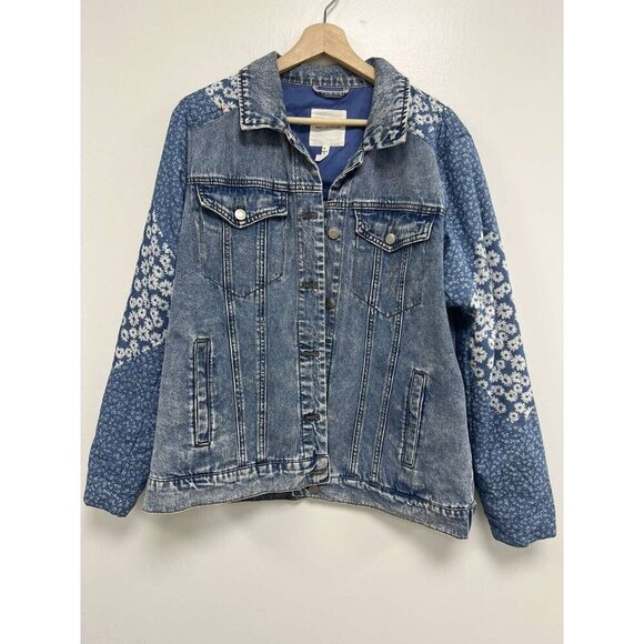 Avec Les Filles Denim Combo Trucker Jacket Size Medium Floral Patchwork Blue - Picture 3 of 10